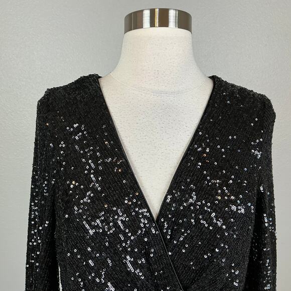 Eliza J Sequined Long Sleeve Fit and Flare Cocktail Dress Sparkly Black Size 6 - Picture 8 of 13